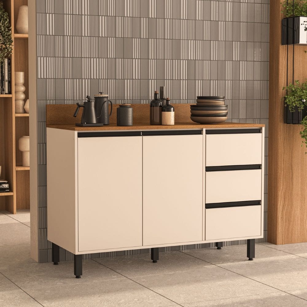 Balcão de Cozinha com Tampo 2 Portas e 3 Gavetas 120cm Koya Creme Politorno Móveis