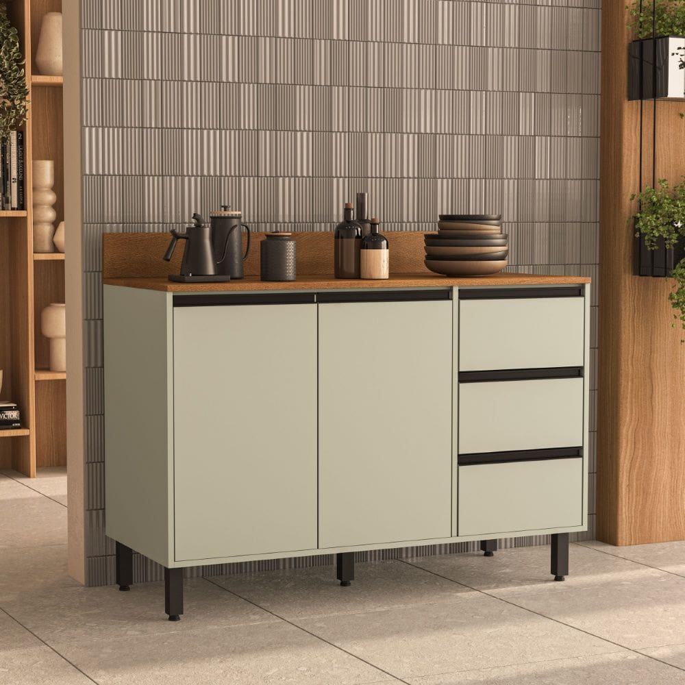 Balcão de Cozinha com Tampo 2 Portas e 3 Gavetas 120cm Koya Verde Oliva Politorno Móveis