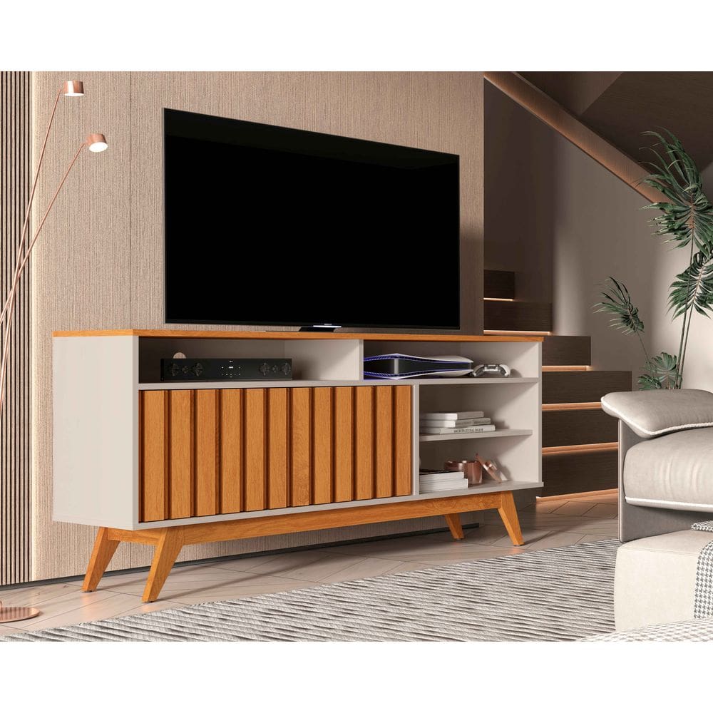 Rack Turin Ripado 136cm 2 Portas para Tv até 60 Polegadas OffWhite com Nature - Rede Móveis