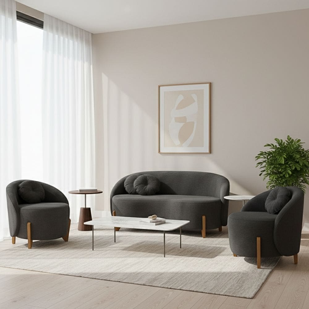 Kit 02 poltronas e sofa amsterda boucle cinza escuro