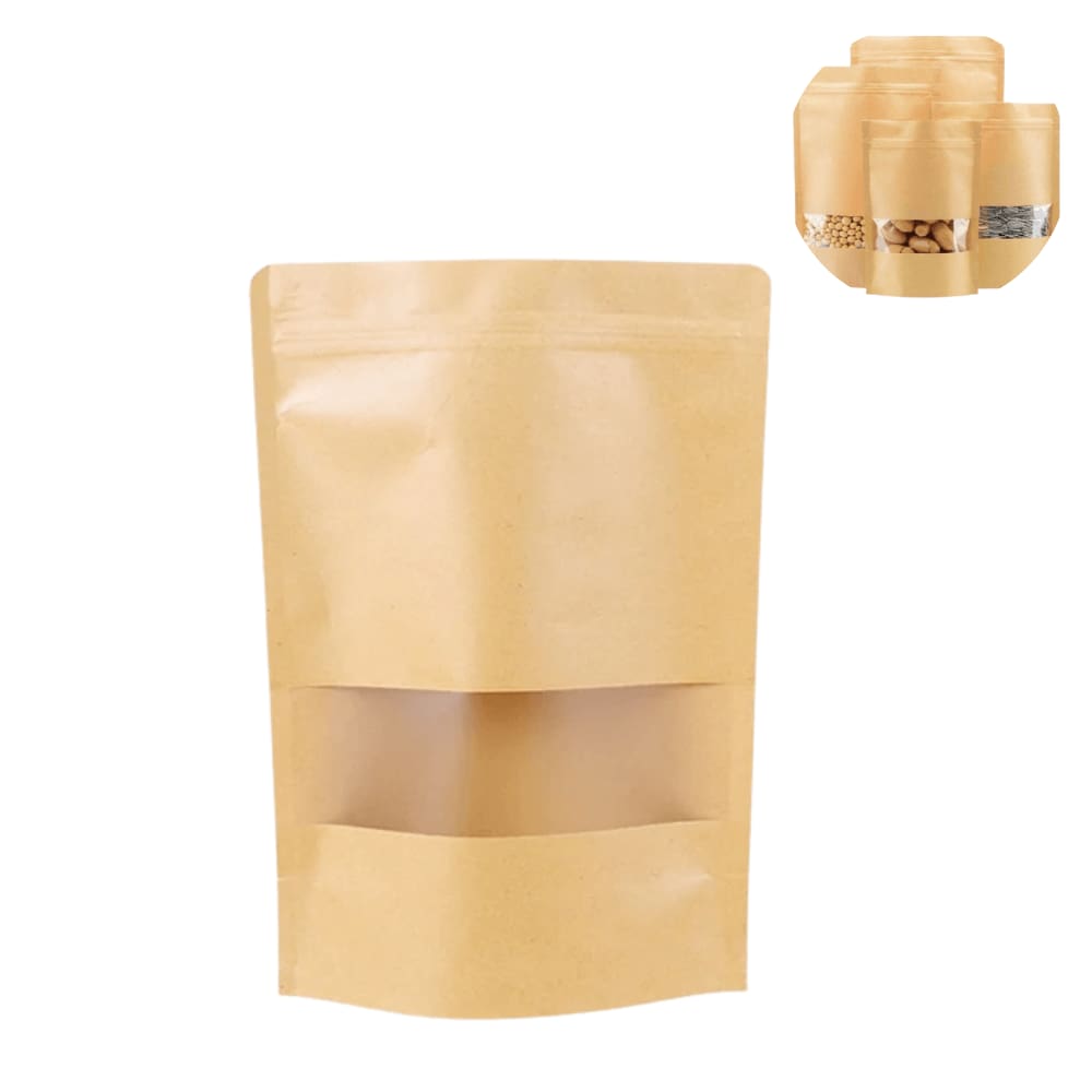 Saco Kraft Stand Up Pouch Hermético com Visor 14 x 20cm 10 Unidades