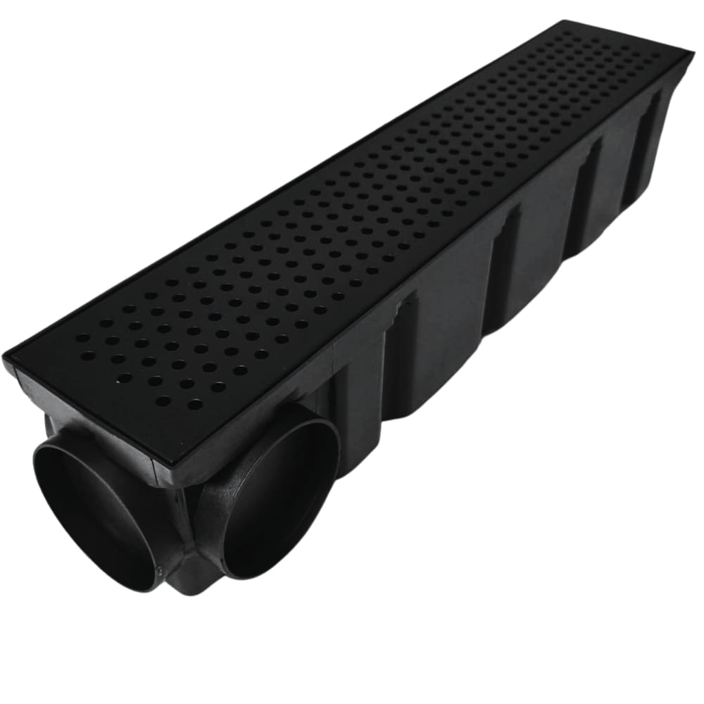 Ralo Quintal 10x50 Preto Fosco Aço Perfurado Coletor Saídas 75mm Borda de Piscina
