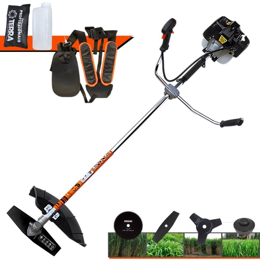 Roçadeira Máquina de Corta Grama Terra GRH520 À Gasolina 52cc 2,5HP 4 Em 1 Com Carretel de Nylon + Faca 2 Pontas + Faca 3 Pontas + Faca 80 Dentes