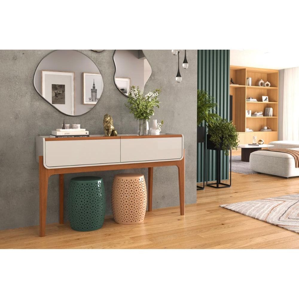 Aparador Cleo Suporte para decoração c/ 2 gavetas porta itens Off White/ Freijó