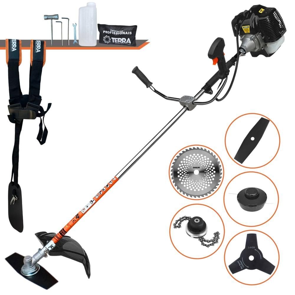 Roçadeira Terra GRH520 À Gasolina 2T 52cc 2,5HP 5 Em 1 Com Carretel de Nylon e Faca 2 Pontas + EXTRA Faca 3 Pontas + Faca 40 Dentes de Vídea + Trimmer