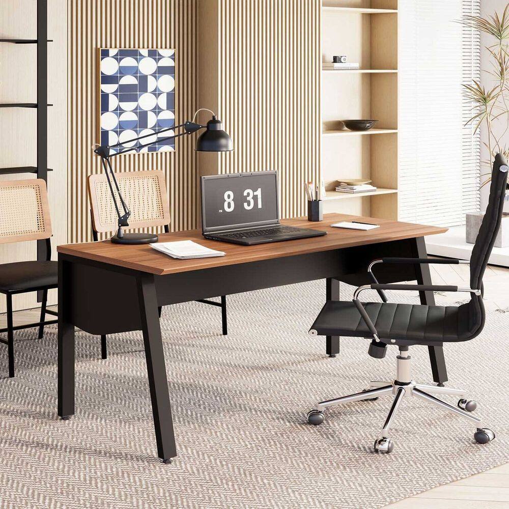 Mesa Escrivaninha Escritório 150cm com Tampo Chanfrado e Pés Metálicos F5 Office Nogal /Preto