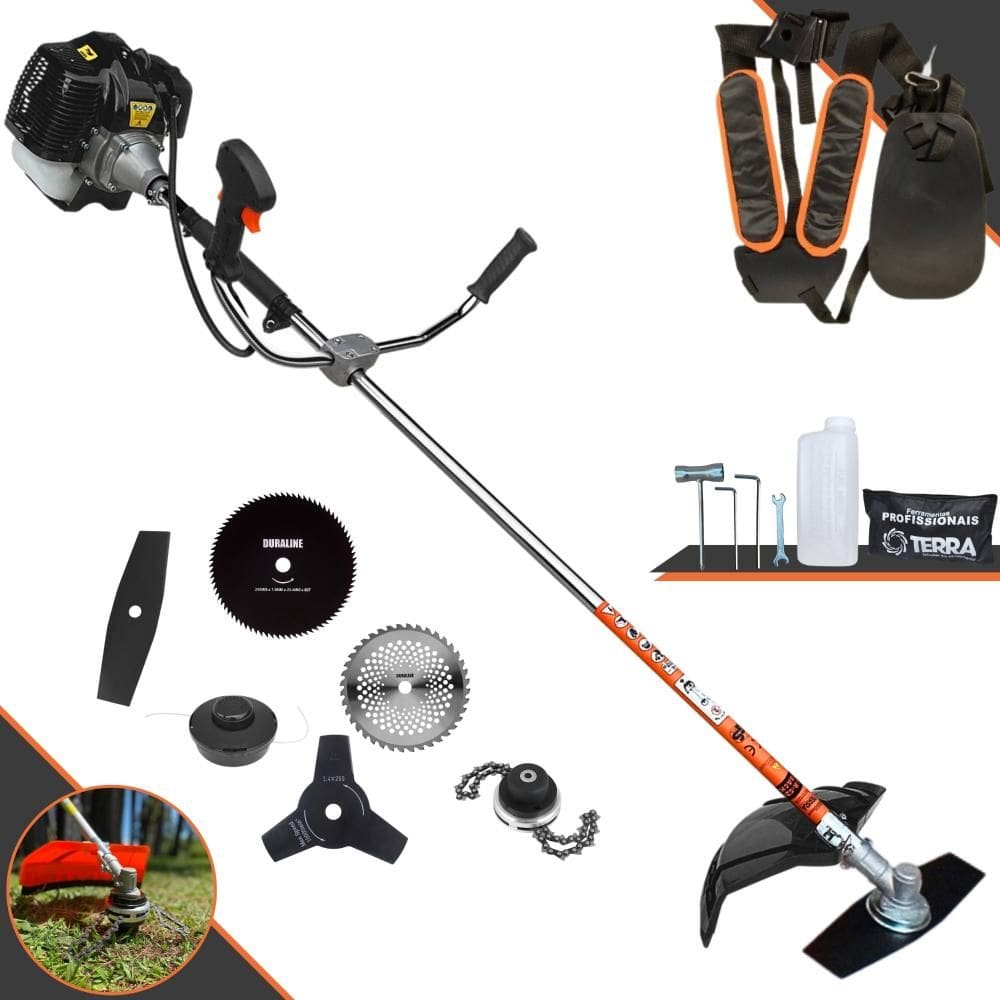 Roçadeira Terra GRH520 À Gasolina 2T 52cc 2,5HP Com Carretel + Lâmina Facão + Lâmina 3 Pontas + Lâmina 40 Dentes de Vídea + Lâmina 80 Dentes + Trimmer