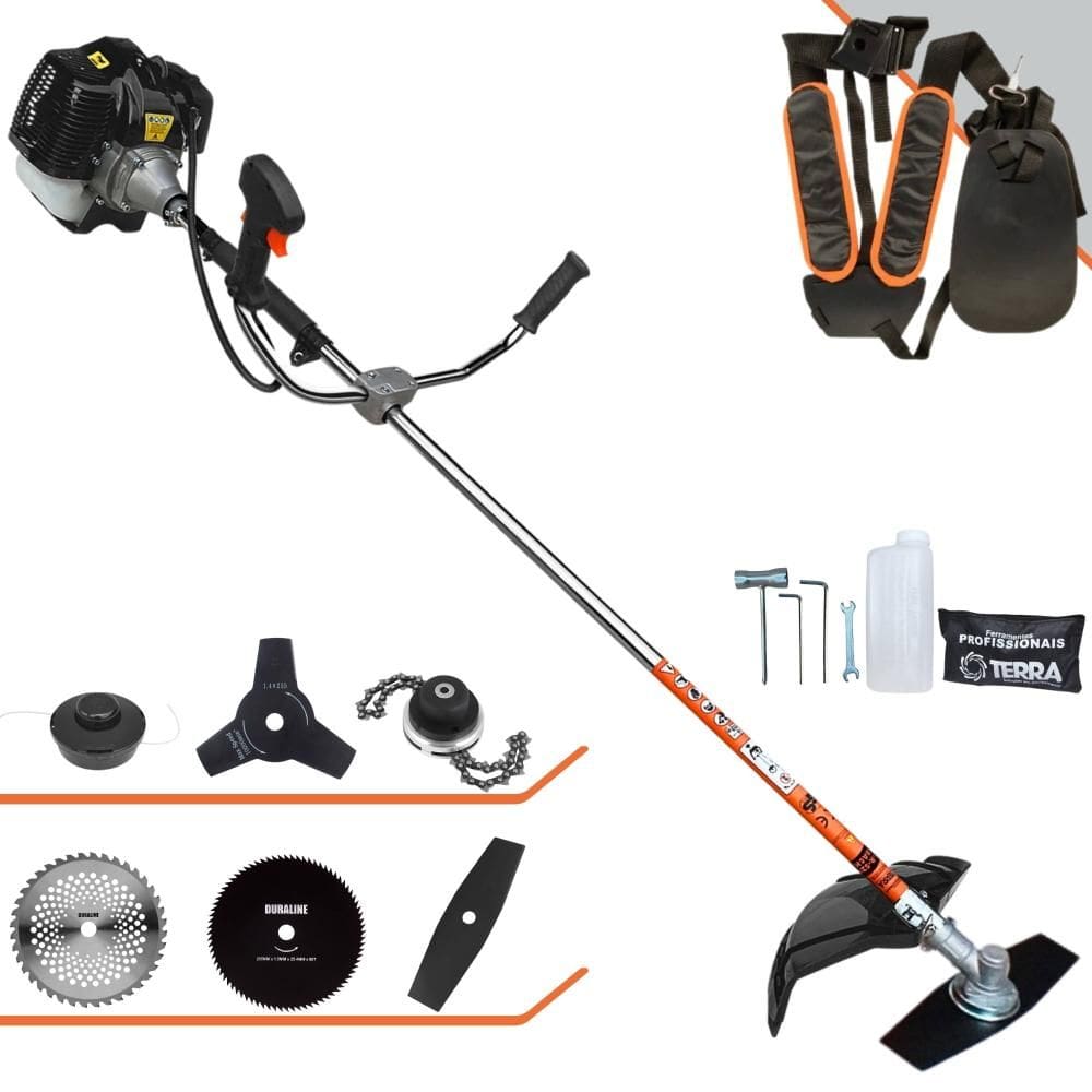 Roçadeira Robusta Terra GRH-520 À Gasolina 2T 2,5HP 52cc 6.500rpm + Kit Extra de Faca 3 Pontas, Faca 40 Dentes de Vídea, Faca 80 Dentes e Trimmer