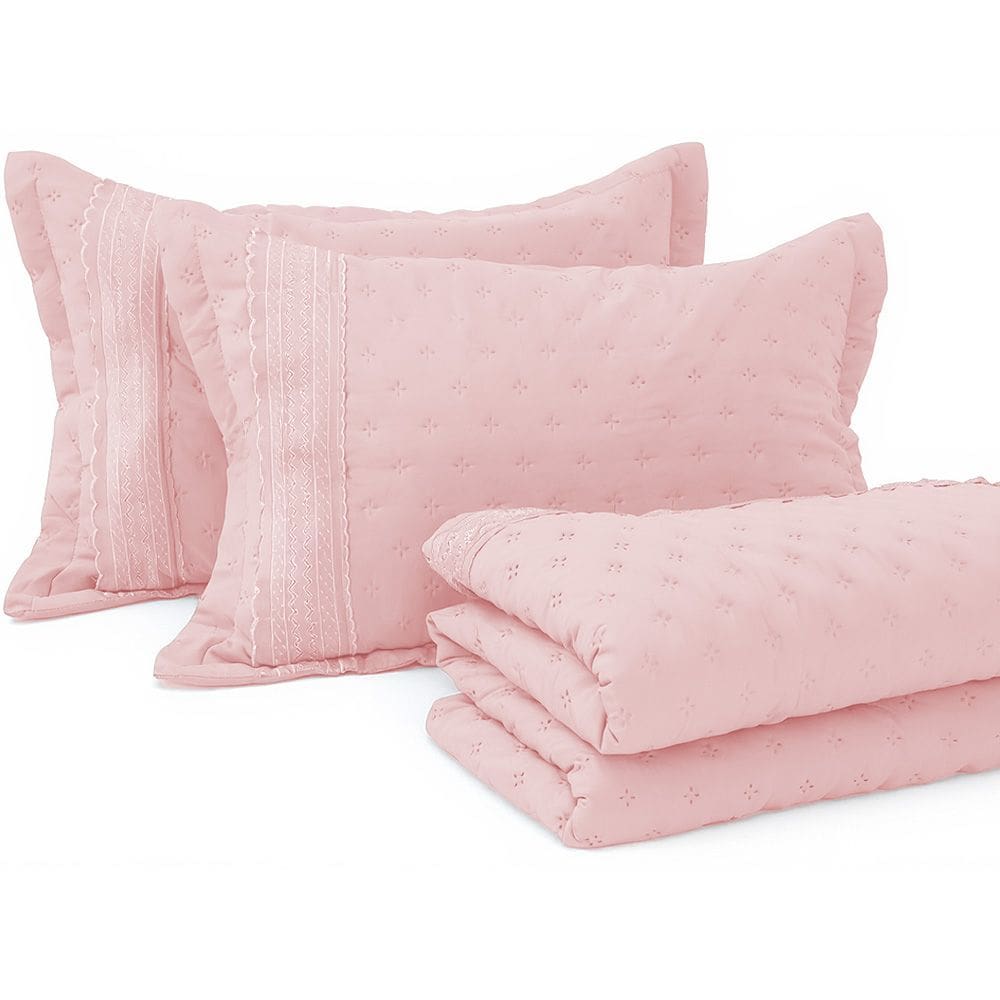 Kit Cobre Leito Colcha Casal 3 peças com Bordado Inglês Micro Percal Ultrassônico BF Colchões