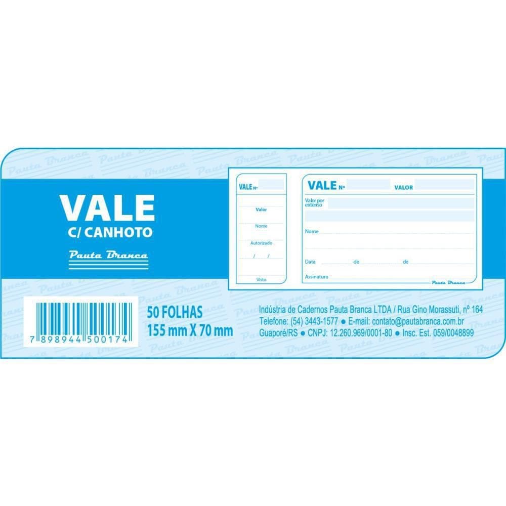 Impresso Vale 050 Folhas Com Canhoto - Pauta Branca Pct/20