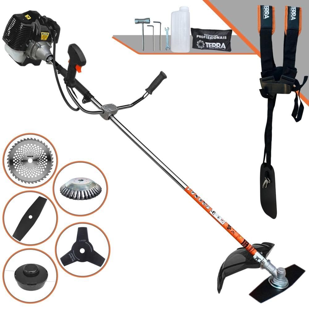 Roçadeira Multifuncional Terra GRH-520 À Gasolina 2T 2,5HP 52cc 6.500rpm Kit de Facas Extras 3 Pontas, Faca 40 Dentes Vídea e Escova de Aço 38 Cerdas