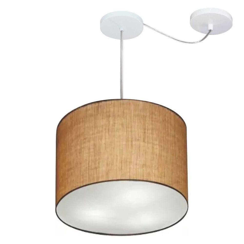 Lustre Pendente Cilíndrico Com Desvio Md-4258 Cúpula Em Tecido 40x30cm Palha - Bivolt