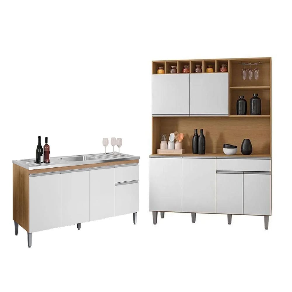 Cozinha Compacta Alice com Balcão para Pia Tatiane 120m Sem Tampo - Amendoa/Branco AJL