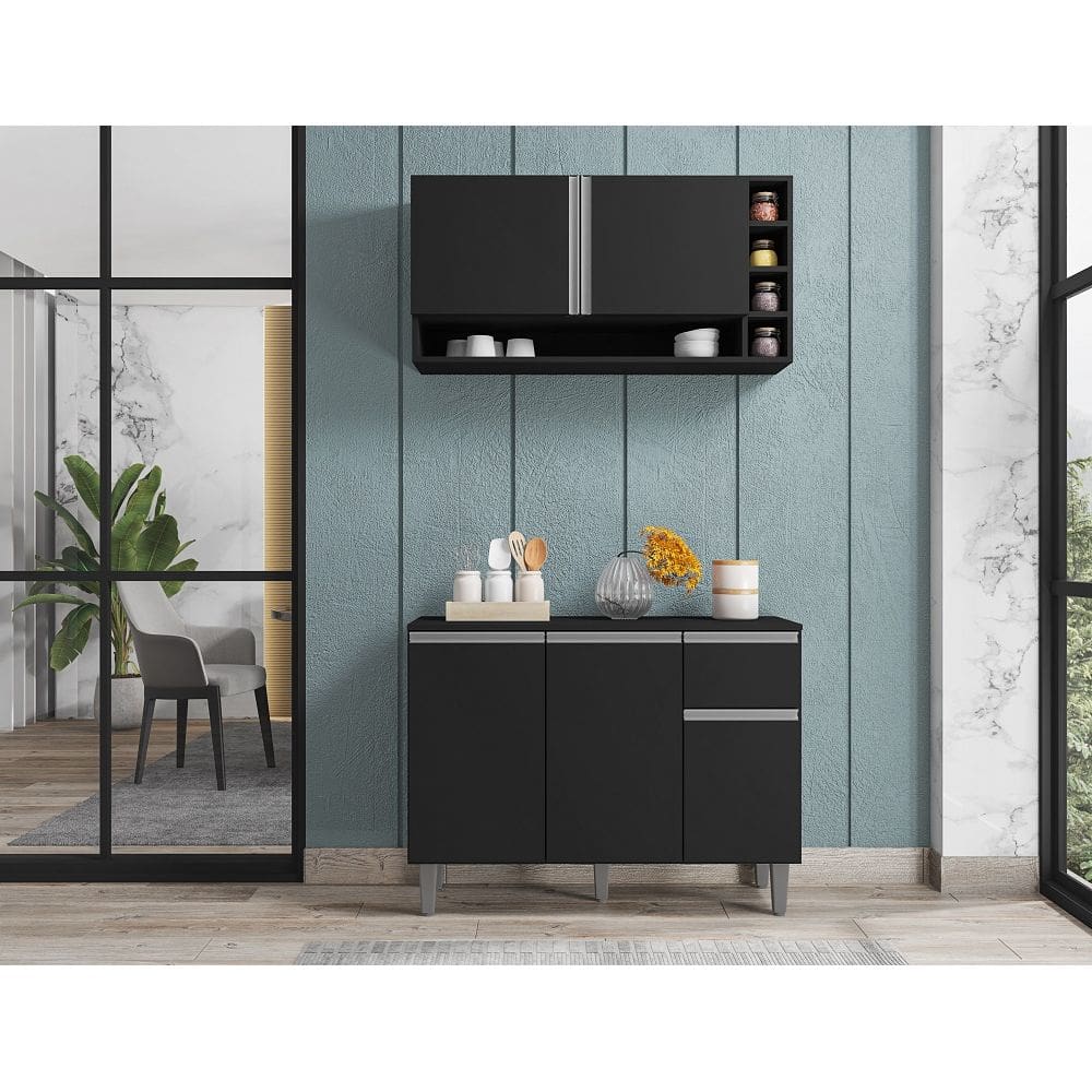 Kit Vanessa 105m Aereo com Adega e Balcão com Tampo Mdp - Preto AJL