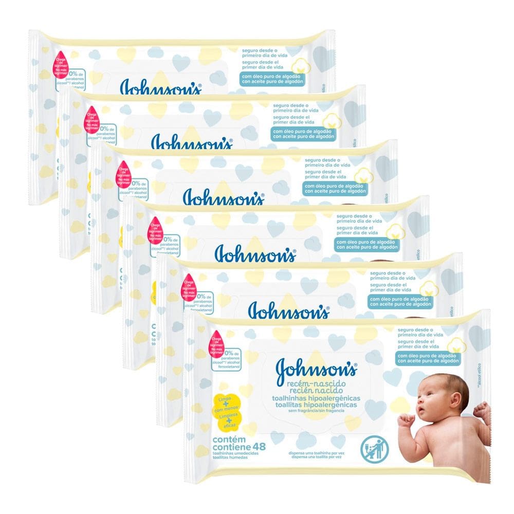 Kit 6 Toalhas Umedecidas Johnson`s Baby Recém Nascido 48 Unidades