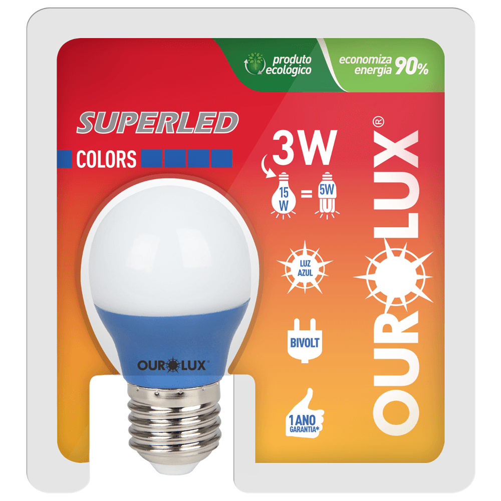 Lâmpada Bolinha Colors Azul de 3 Watts Bivolt - 05432 - OUROLUX