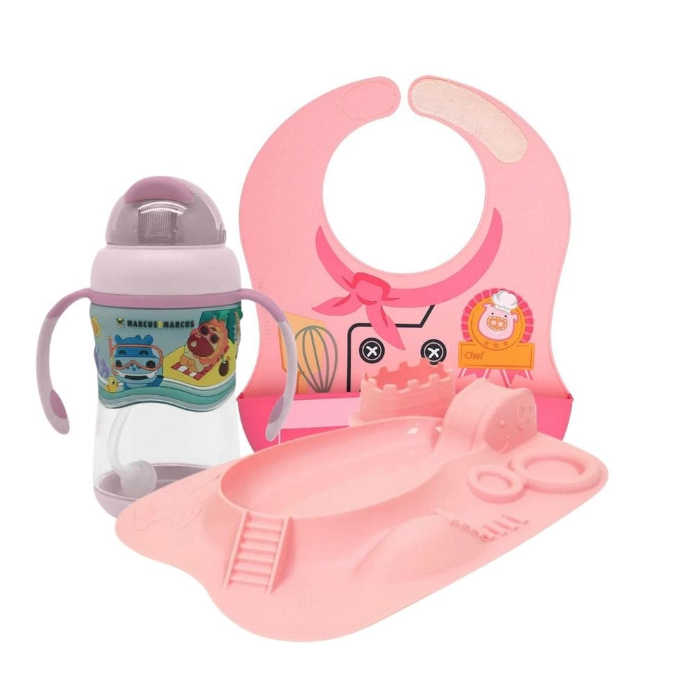 Kit Refeição Porquinha Pokey Rosa (Prato, Babador e Copo Anti-vazamento) - Marcus & Marcus