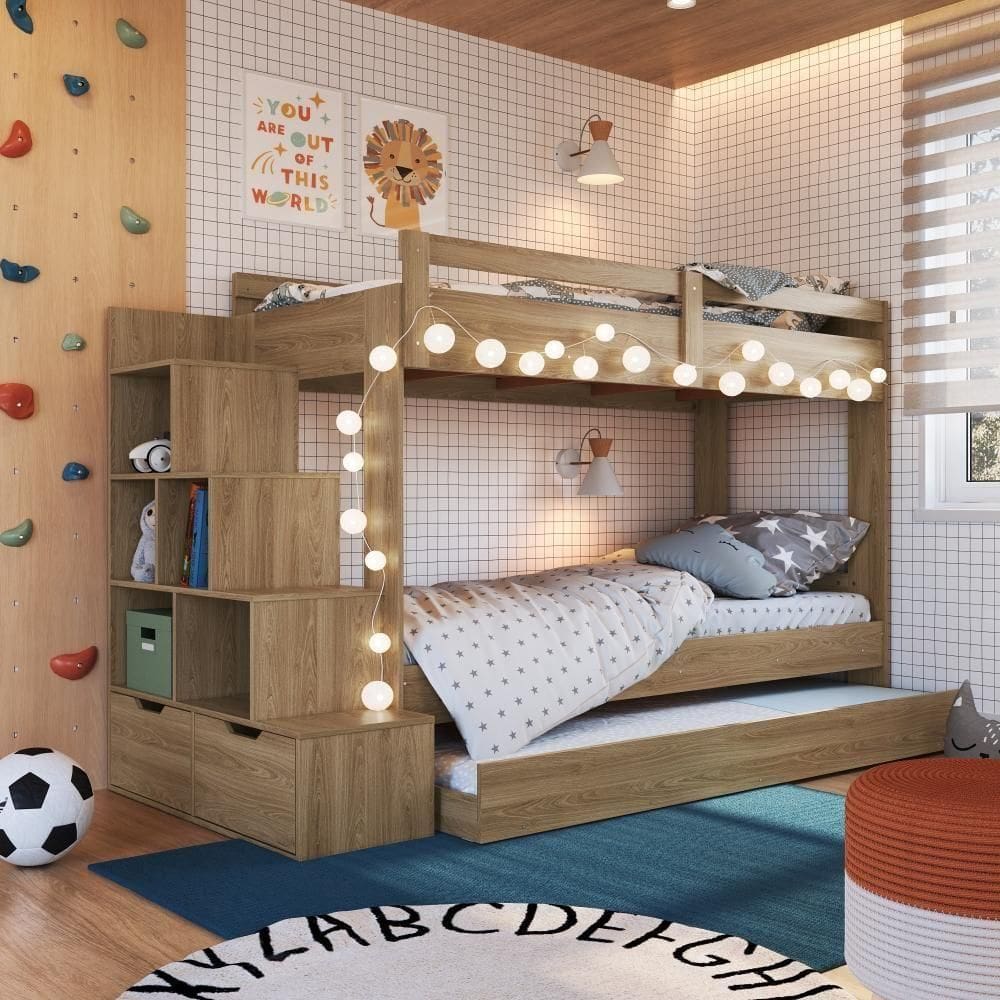 Cama Treliche Infantil Bicama Menino Menina 2,32m Com Escada, Nichos E Gavetas Aveiro Oak