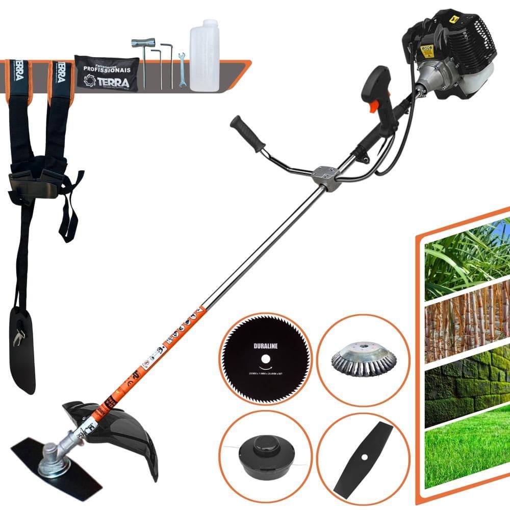Roçadeira À Gasolina Terra GRH520 52cc 2,5HP Alta Rotação Com 4 Opções de Corte Com Carretel Nylon + Faca 2 Pontas + Faca 80 Dentes + Escova de Aço