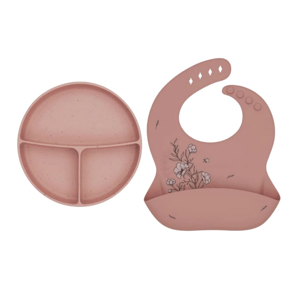 Kit Silicone Platinum Blush - Prato com Divisorias + Babador Flora - Kikka Boo