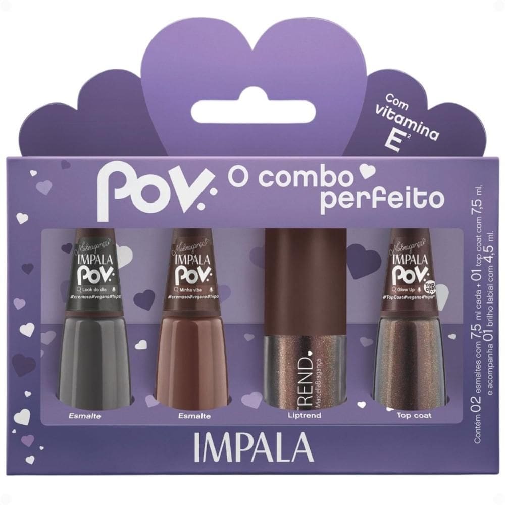 Kit Impala Pov Marcella: 2 Esmaltes, 1 Top Coat e 1 Gloss Labial