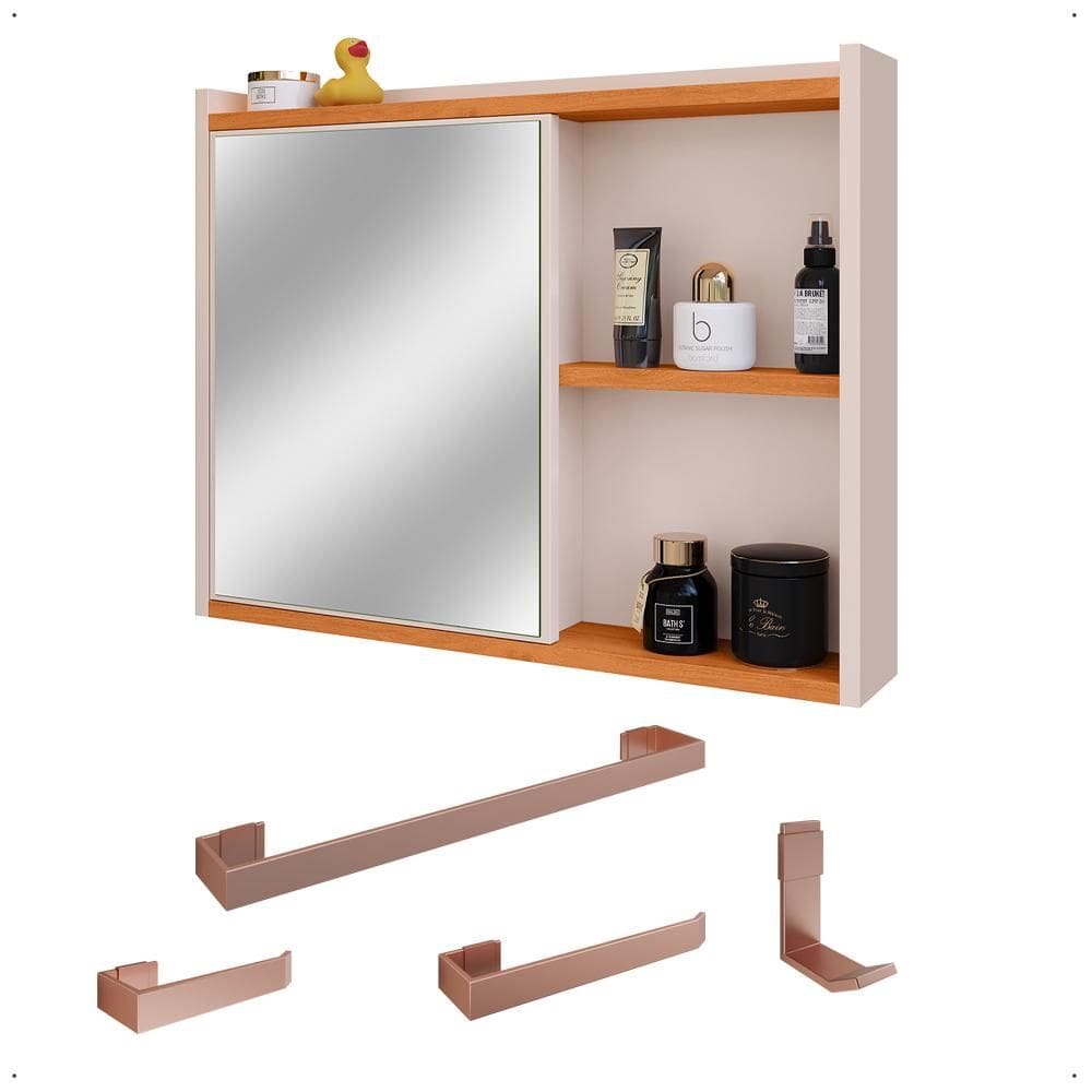Espelheira Armário de Banheiro 1 Porta Prateleira Espelho Off White/Cinamomo Kit Acessórios Lavabo 4 Peças Aço Inox Rose Gold - RPM