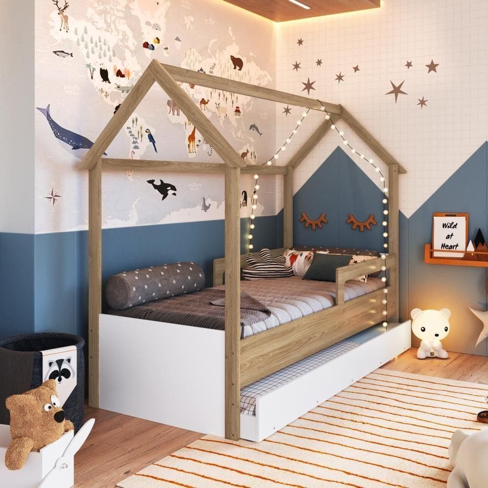 Cama Infantil Bicama Montessoriana Casinha Solteiro Auxiliar Aveiro com Branco