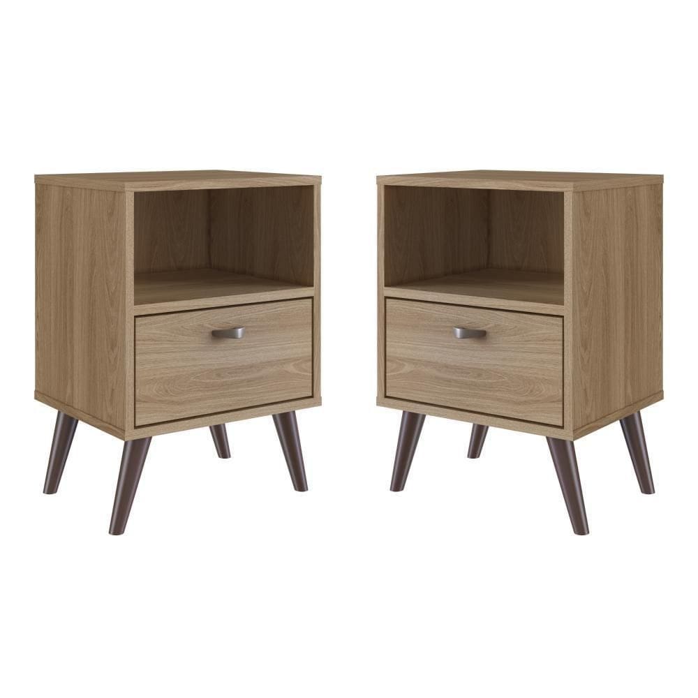Kit 02 Mesa De Cabeceira Nicho 39cm Com Gaveta E Pés Palito Retrô Oak