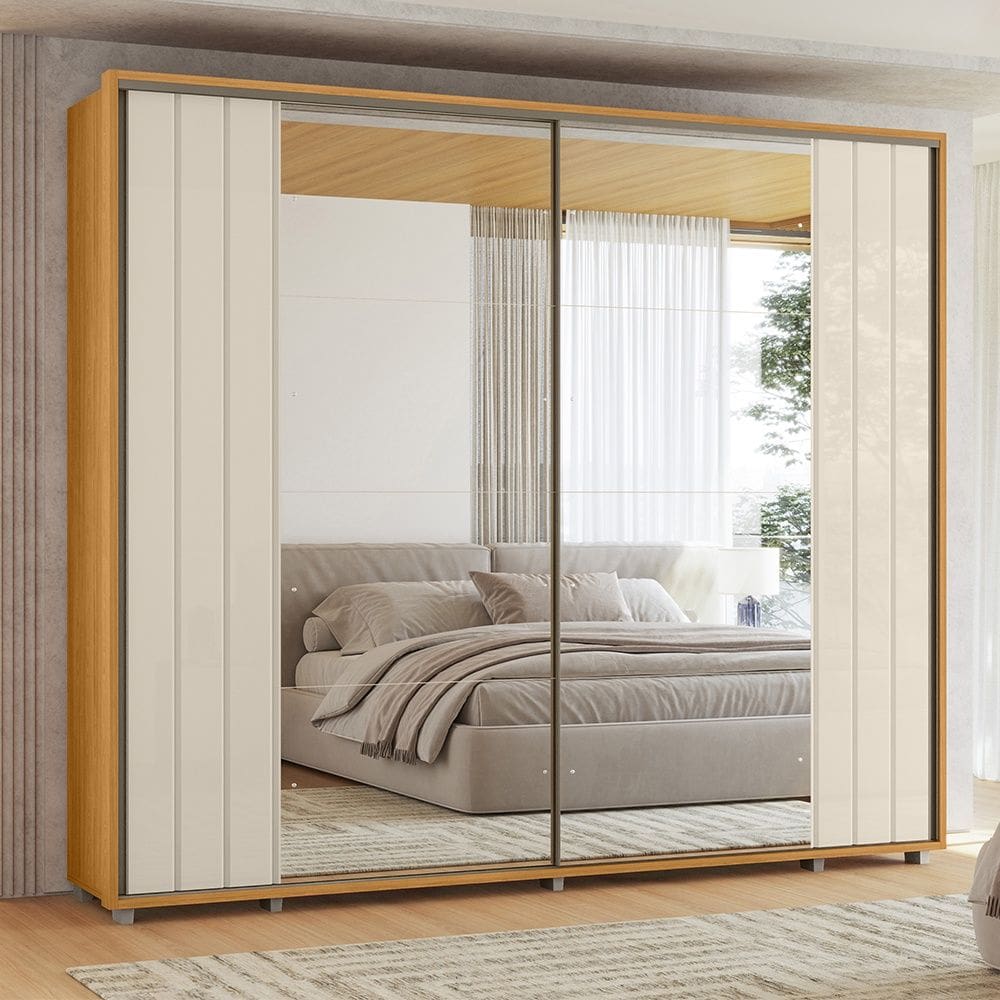 Guarda Roupa Dalí 2 Portas de Correr com Espelho 8 Gavetas Cinamomo Off White Madetec