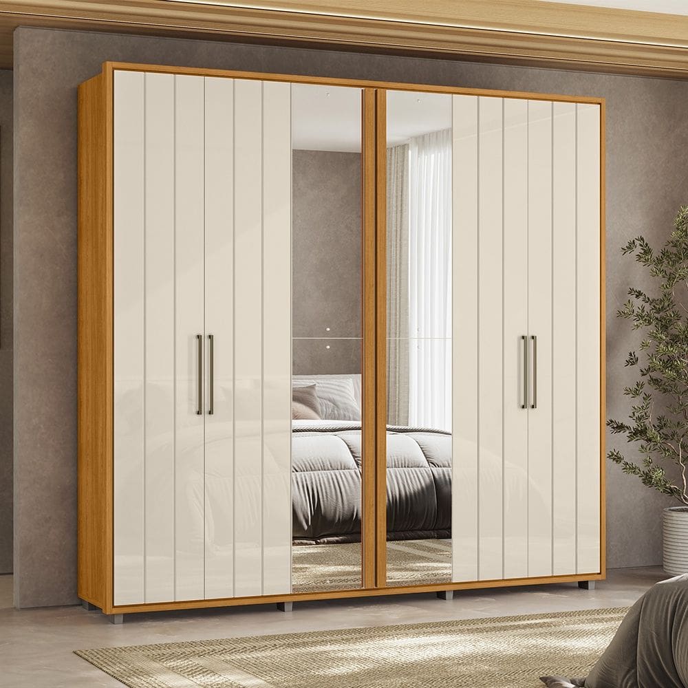 Guarda Roupa Miró 6 Portas com Espelho 4 Gavetas Cinamomo Off White Madetec