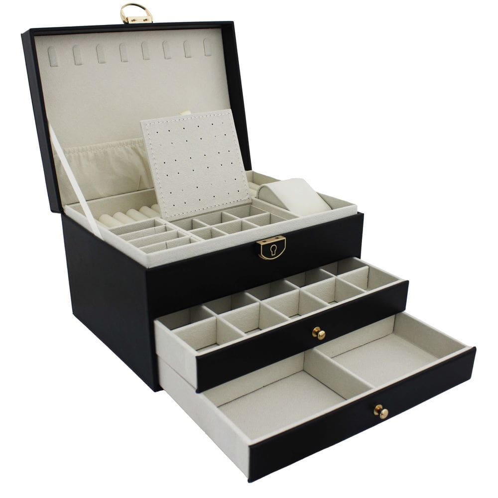 Porta Jóias Portátil Divisória Organizador Feminino Multiuso Preto 23*17.5*13.5CM
