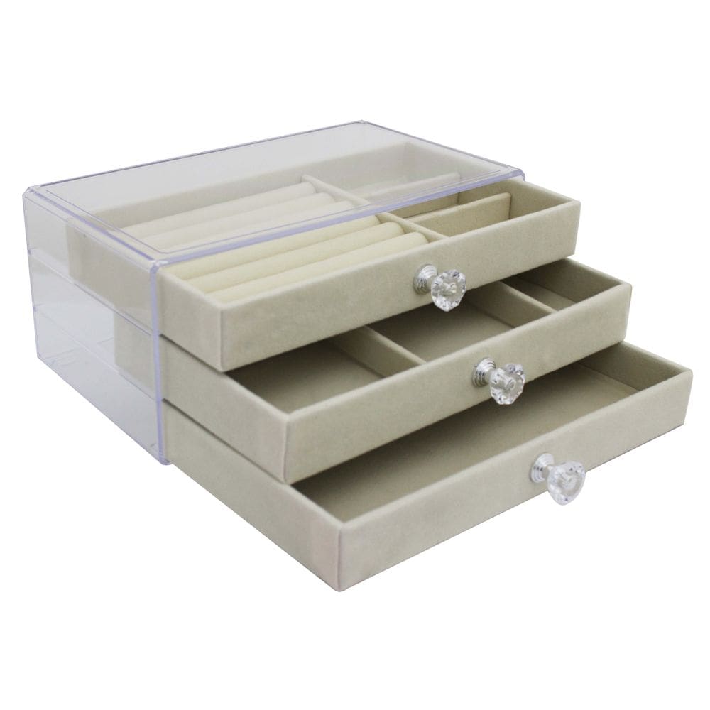 Porta Jóias Portátil 3 gavetas com Divisórias Organizador Feminino Multiuso Bege