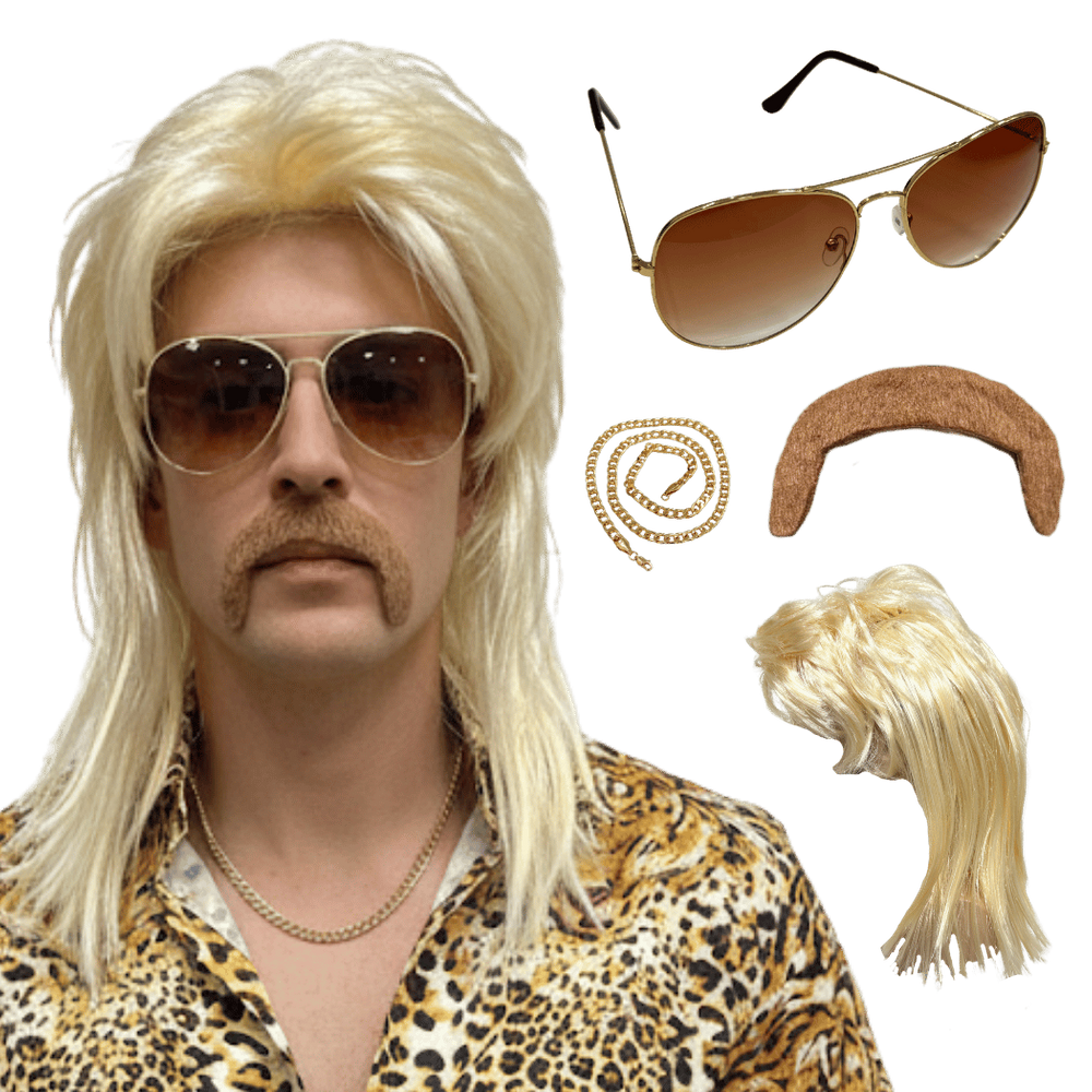 Peruca Retrô Anos 80 Rock Com Bigode Óculos Cordão Fantasia