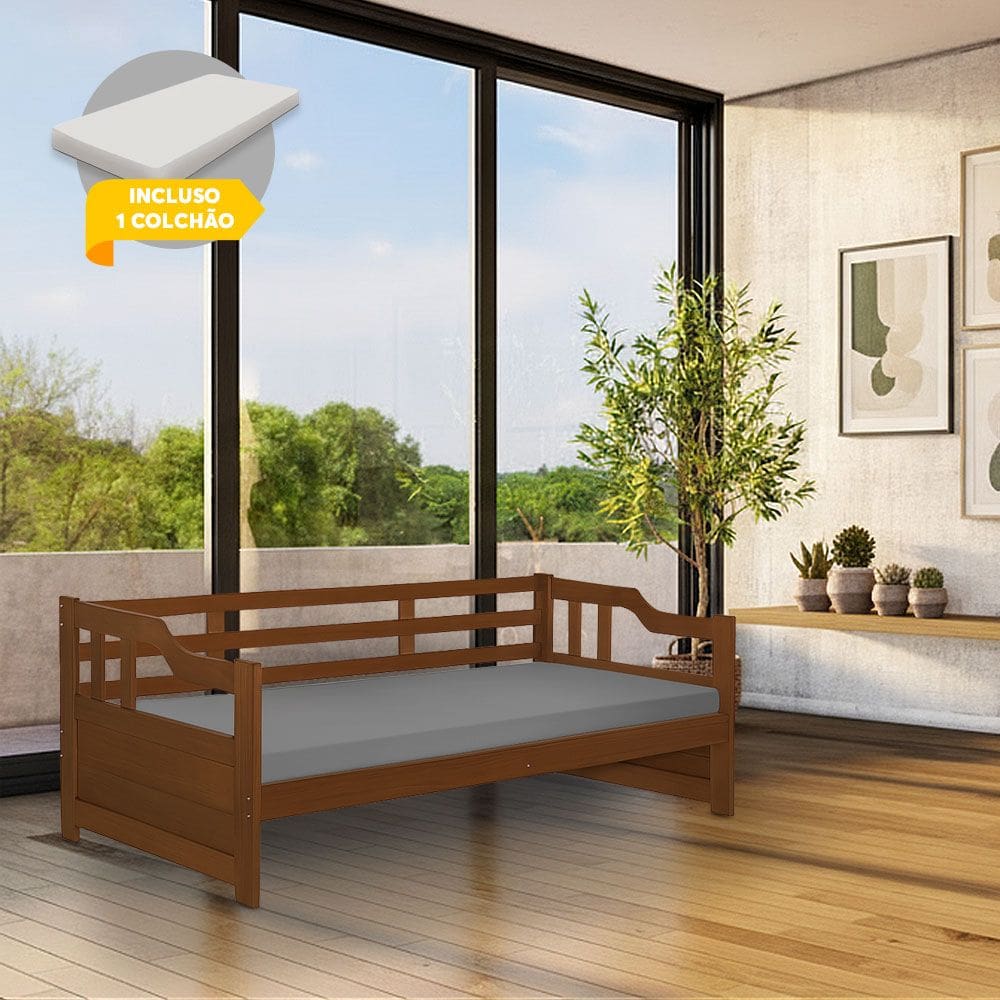 Cama Zurique com Colchão Mona Solteiro Madeira Maciça com Acabamento Premium Castanho
