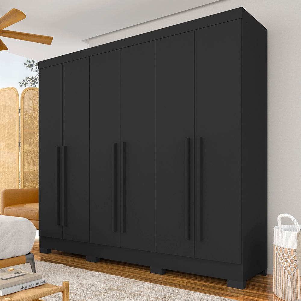 Roupeiro Casal 6 Portas Com Puxadores Revestidos Ester Preto - M.a