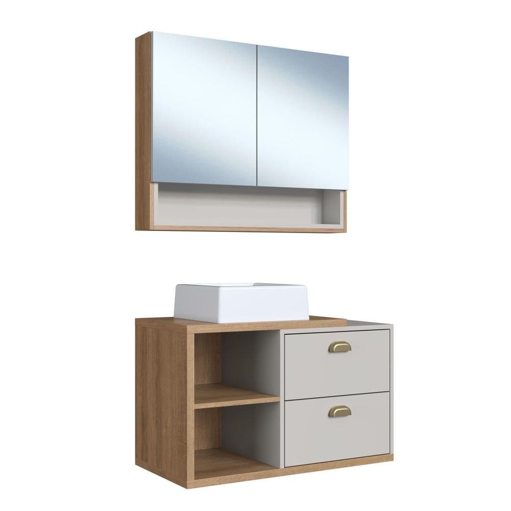 Gabinete de Banheiro 80cm com Cuba e Espelheira 2 Portas Marrom/Arenas Helena CJ8240 - Faema Móveis