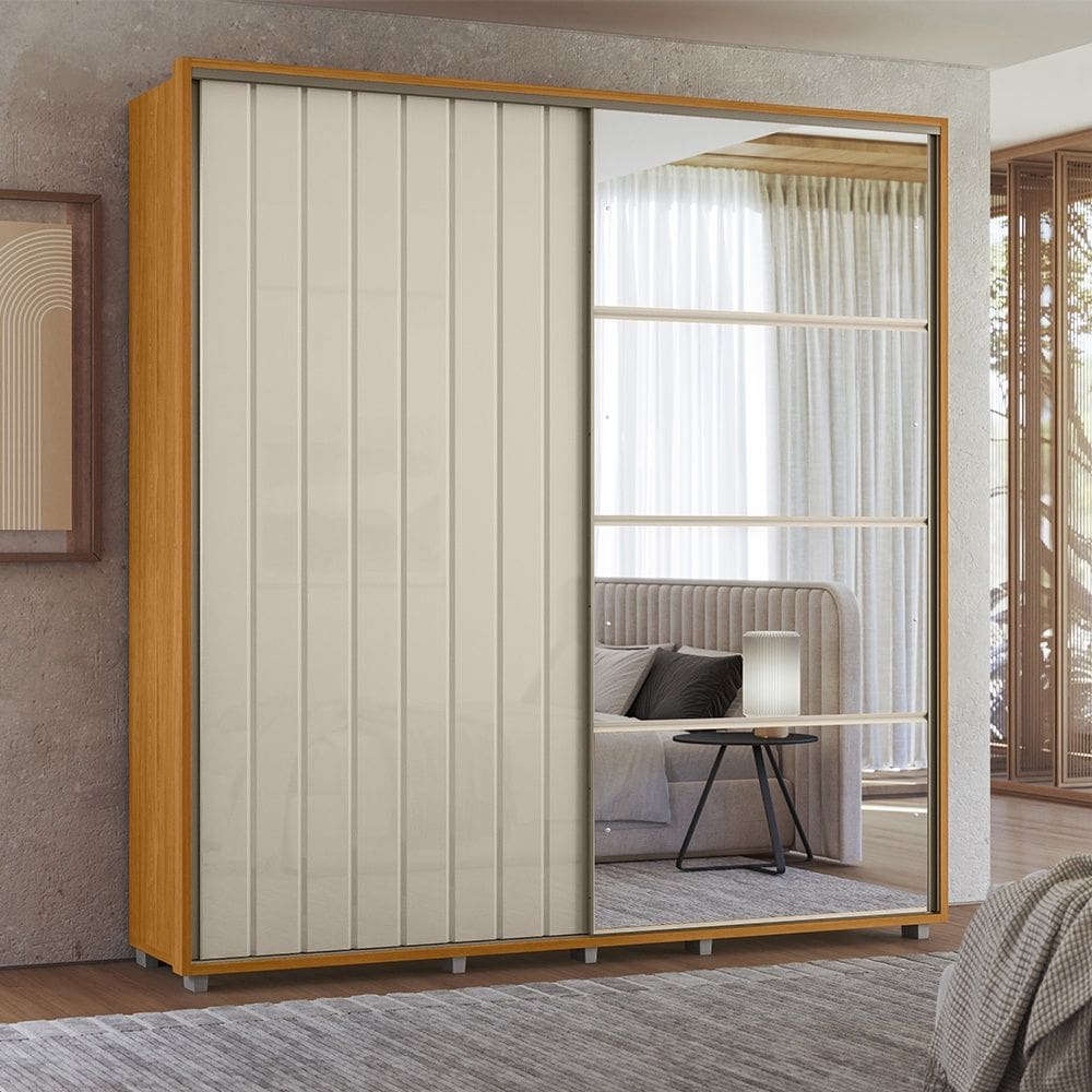 Guarda Roupa Monet 2 Portas de Correr com Espelho 4 Gavetas Cinamomo Off White Madetec
