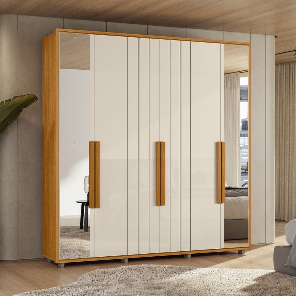 Guarda Roupa Veronese 6 Portas 4 Gavetas com Espelho Cinamomo Off White Madetec