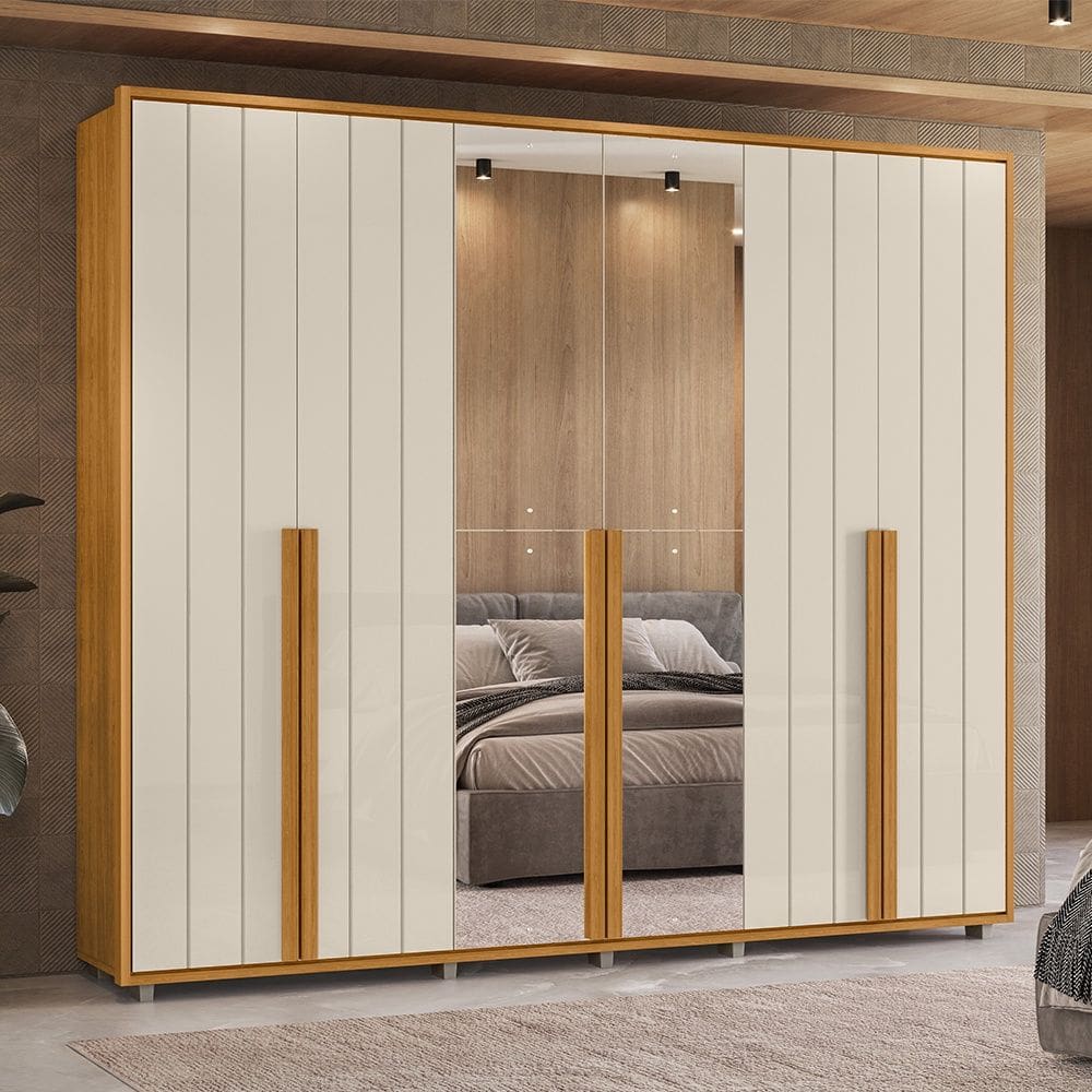 Guarda Roupa Volpi 6 Portas com Espelho 6 Gavetas Cinamomo Off White Madetec