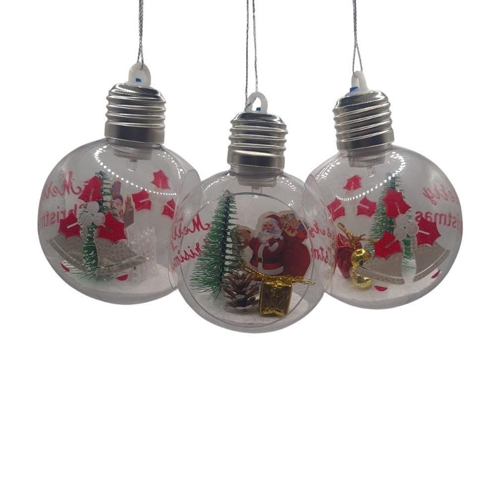 Kit 3 Bolas Decorativa Enfeite Pendurar árvore De Natal Iluminada Com Led E Miniaturas Internas