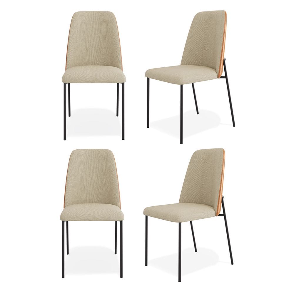 Kit 04 Cadeiras Sala de Jantar Lior Estofada Base Preta Linho Bege Couríssimo Whisky - Desk Design