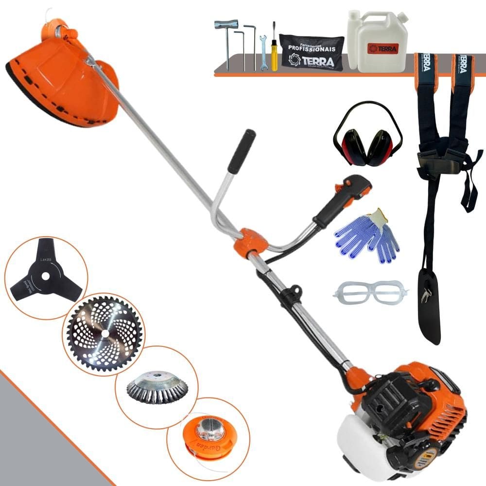 Máquina de Cortar Grama Terra GR520XP 52cc 2,5HP Roçadeira Completa Com Faca 3 Pontas, Faca 40 Dentes + Carretel Nylon + Escova de Aço 38 Cerdas + EPI