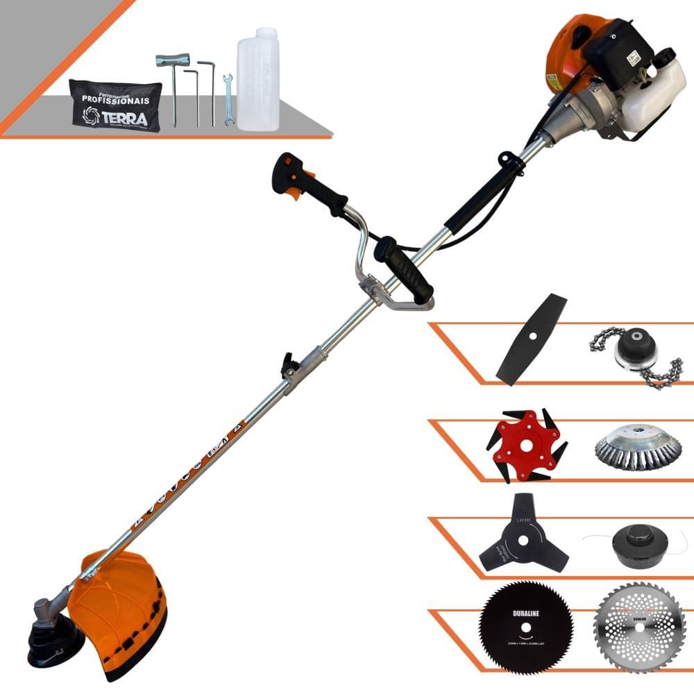 Máquina de Corta Grama Lateral Terra GRHB430 Bi-Partida À Gasolina 2 Tempos 43cc 1,7HP 12000rpm Profissional Completa Com Carretel + 7 Opções de Corte