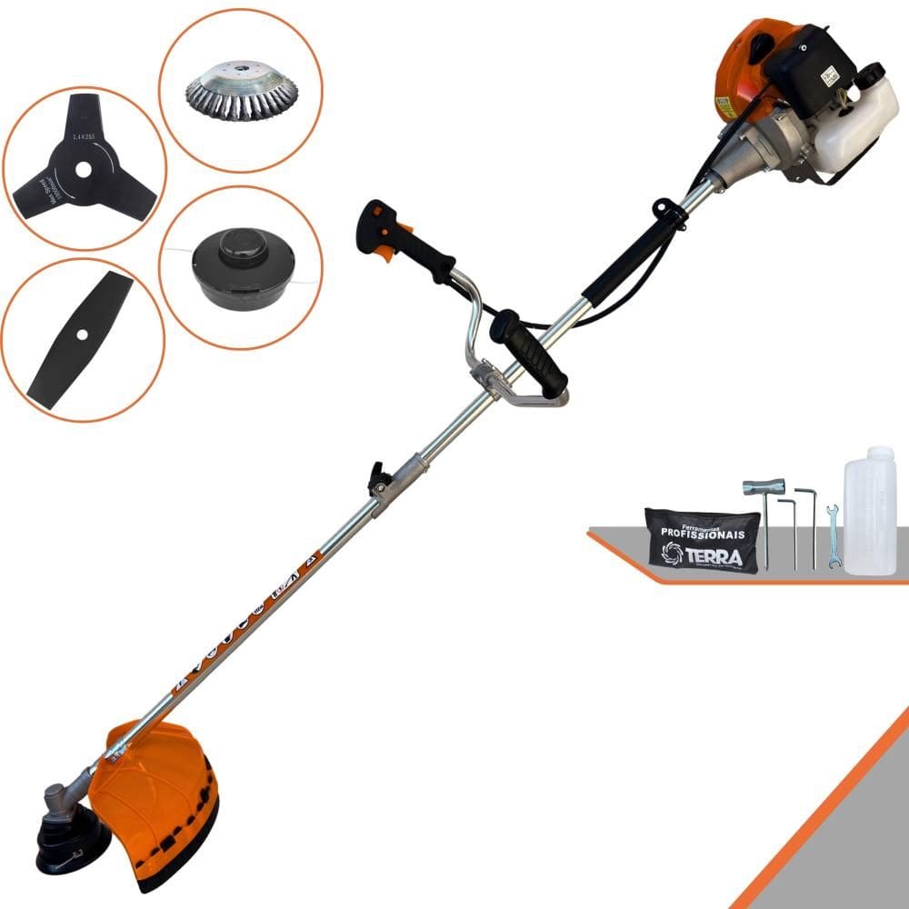 Roçadeira Podador de Grama Terra GRHB430 Bi-Partida À Gasolina 2T 43cc 1,7HP Com Carretel de Nylon + Lâmina Facão + Lâmina 3 Pontas + Escova 38 Cerdas