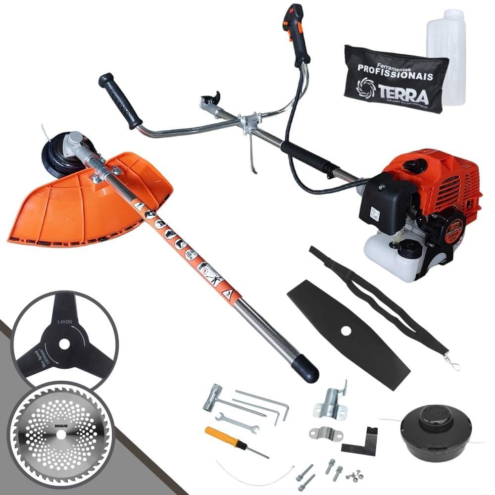 Roçadeira Profissional Terra GRHB430 Bi-Partida À Gasolina 43cc 1,7HP 4 Em 1 Com Carretel + Lâmina 2 Pontas + Lâmina 3 Pontas + Lâmina 40 Dentes Vídea