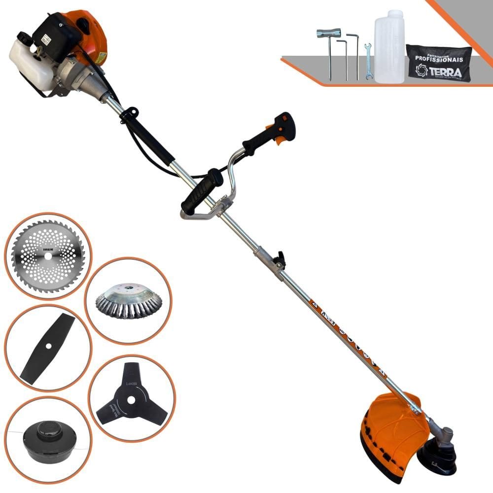 Roçadeira Terra GRHB430 Bi-Partido À Gasolina 43cc 1,7HP 12.000rpm Multifuncional Com Carretel + Faca 2 Pontas e 3 Pontas + Faca 40 Dentes + Escova