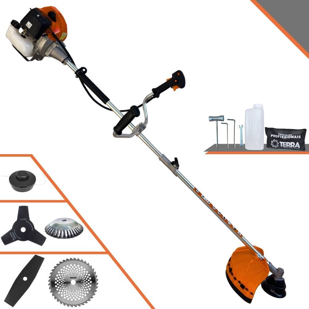 Roçadeira Terra GRHB430 Bi-Partido À Gasolina 43cc 1,7HP 5 Em 1 Com Carretel + Lâmina 2 Pontas + Lâmina 3 Pontas + Lâmina 40 Dentes + Escova 38 Cerdas