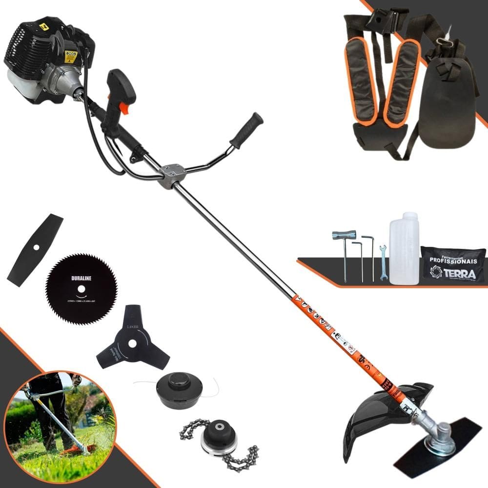 Roçadeira Completa Terra GRH-520 À Gasolina 2T 52cc 2,5HP 5 Em 1 Com Carretel de Nylon + Lâmina Facão + Lâmina 3 Pontas + Lâmina 80 Dentes + Trimmer