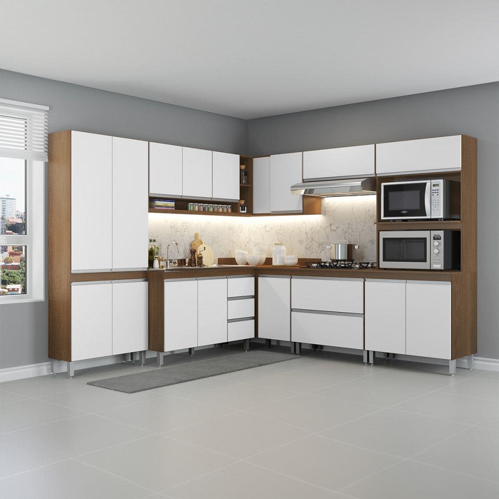 Armário de Cozinha de Canto Modulada Sabrina 252/254x202 Cm 8 Peças MDP Menu Móveis