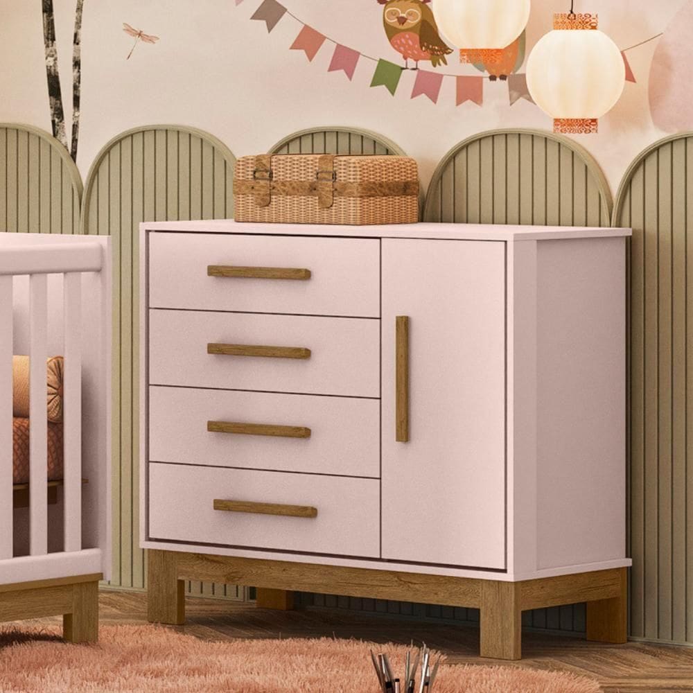 Cômoda Sapateira 1 Porta 4 Gavetas Encanto Slim Rosa Acetinado